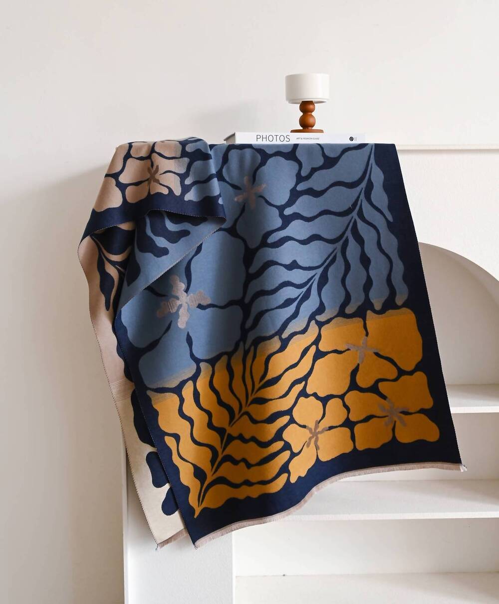 NEW WINDING RIVER women's marsh fern reversible wrap in blue / camel